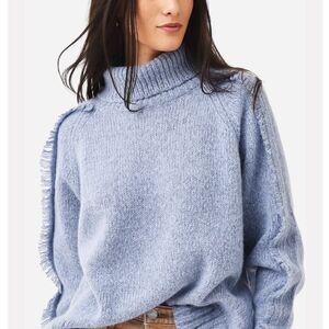 BROCHU WALKER Wool & Cashmere Odene Fringe Turtleneck in Oslo Blue Melange XS